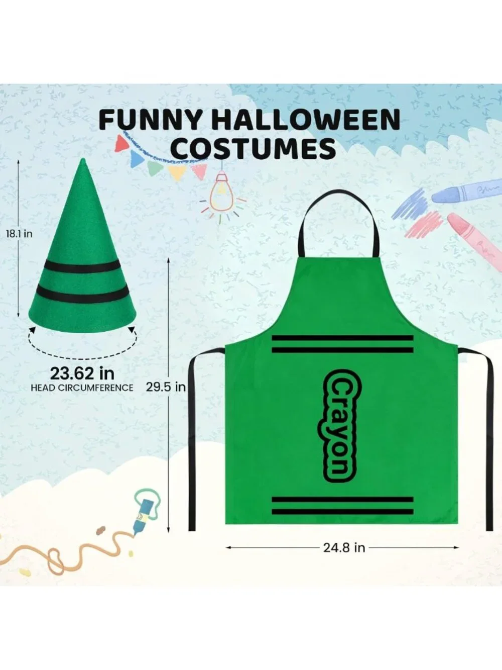 Colorful Adult Crayon Costume with Apron & Gnome Cone Hats - Fun Halloween Group